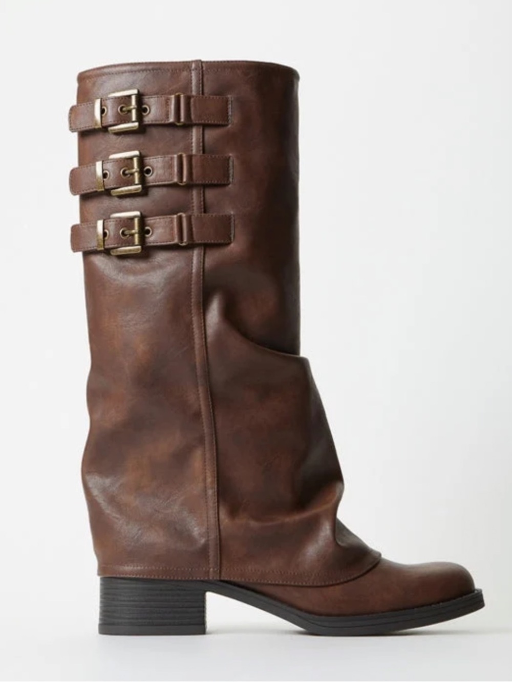 Shoe Dazzle Brown Mid-Calf Triple Buckle Heeled Boots